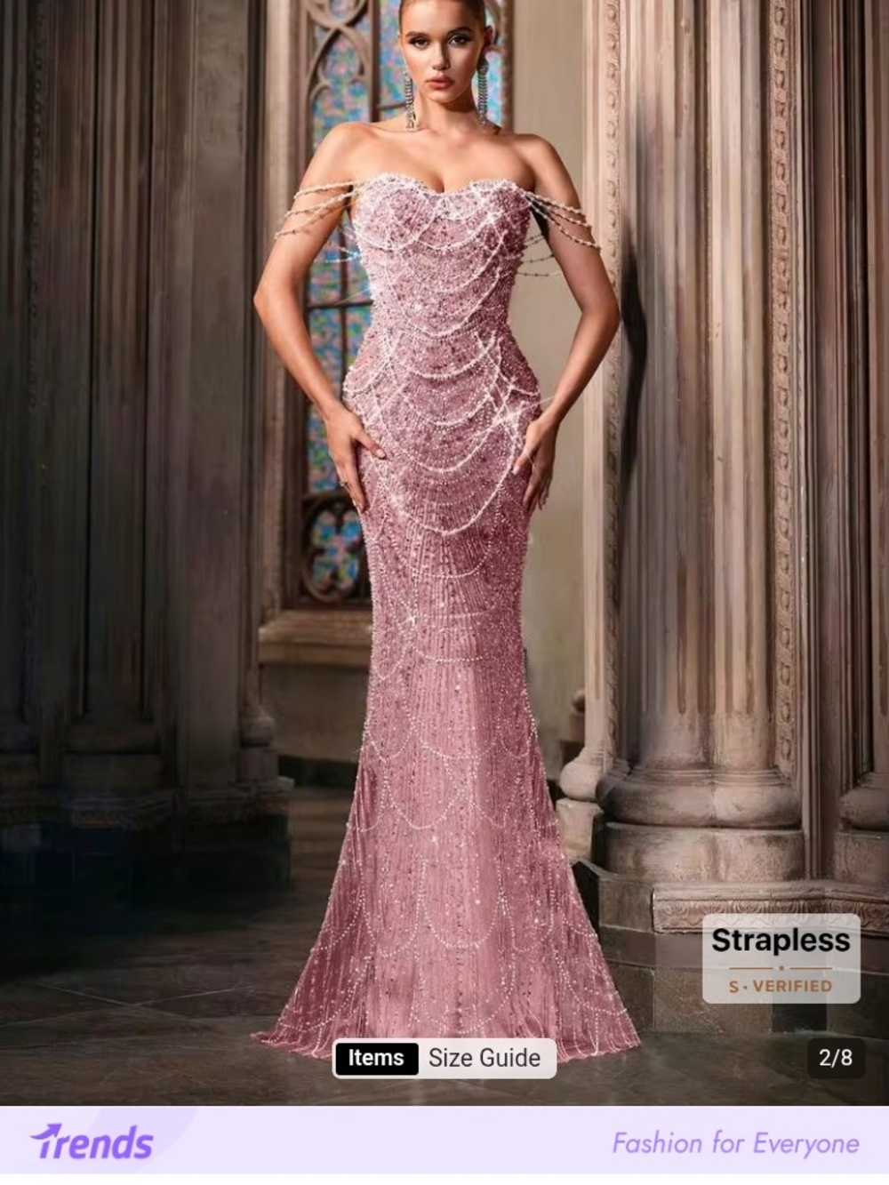 Luvistrue women's elegant pearl embellished Strapless Pink Beaded Evening Gown